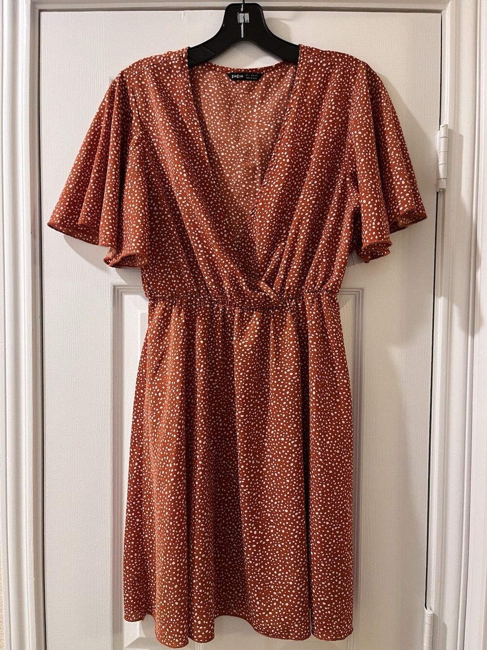 SHEIN womens Rust Polka Dot V Neck Flutter Sleeve Short Mini Dress size Small